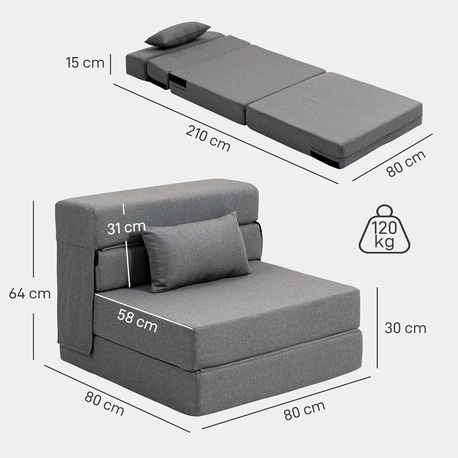 HOMCOM Fauteuil Convertible 1 Place 3 en 1, Fauteuil lit Pliant, chauffeuse 1 Place en Lin avec Large Assise, Coussin Inclus, Matelas Pliable 210 cm pour invités, Salon, Petit Espace, Gris – Image 3