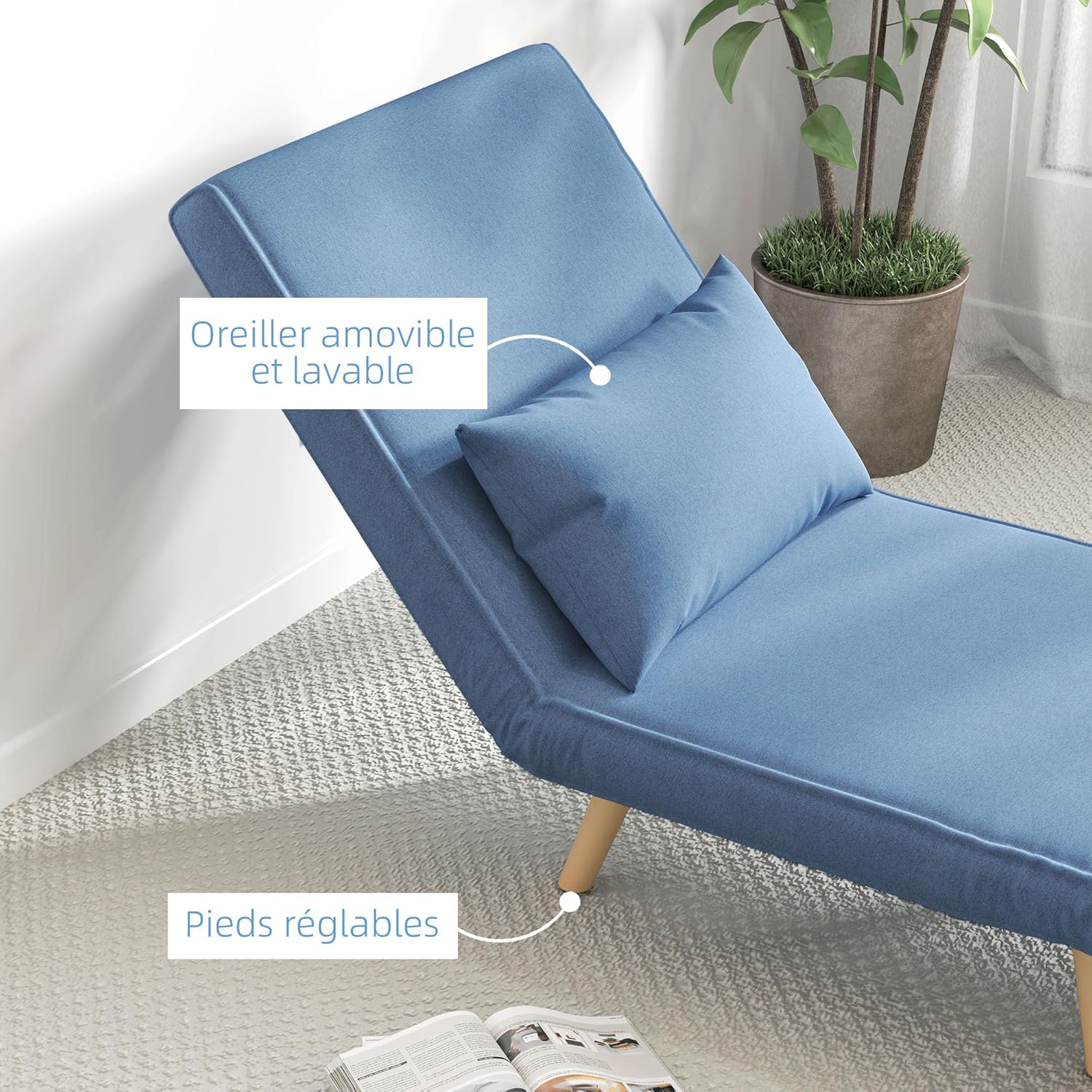 HOMCOM 3 en 1 Fauteuil Convertible 1 Place, Fauteuil lit et chauffeuse - Dossier inclinable 5 Niveaux et Oreiller Inclus, siège rembourré - pour Bureau, Salon, Chambre à Coucher, Bleu – Image 7