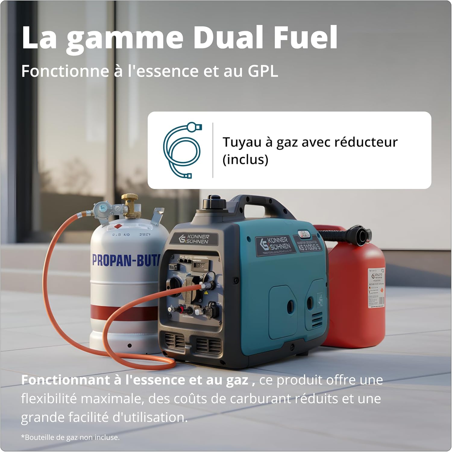 Könner & Söhnen Groupe électrogène à essence KS 3100iG S Groupe d'alimentation de secours 3100 W, Schuko 230 V, 2 ports USB, indicateur LED, mode éco,générateur d'énergie EURO V – Image 2