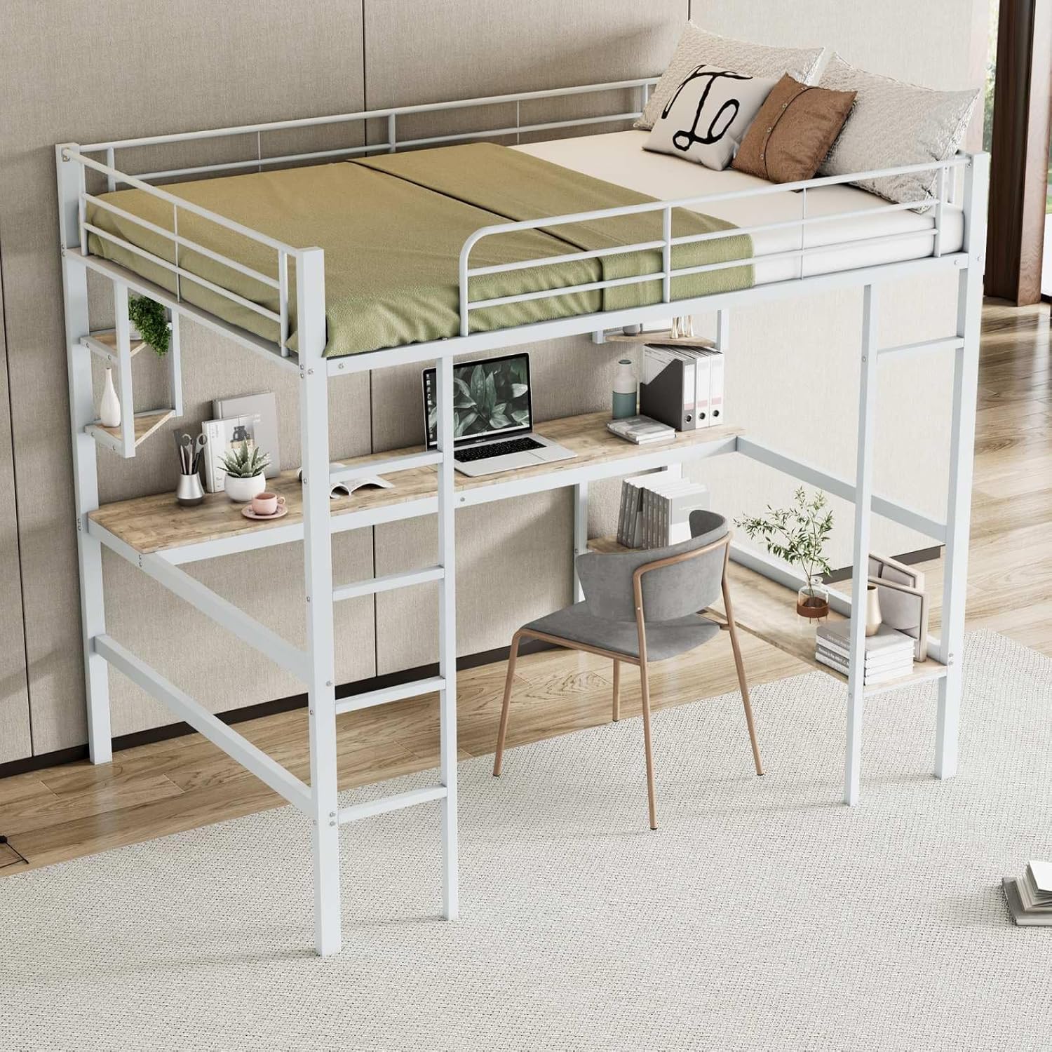 PUGSDRLY Lit Mezzanine Double 140x200cm avec Bureau et étagères, Cadre en Fer, Hauteur Adulte/Adolescent Blanc – Image 4