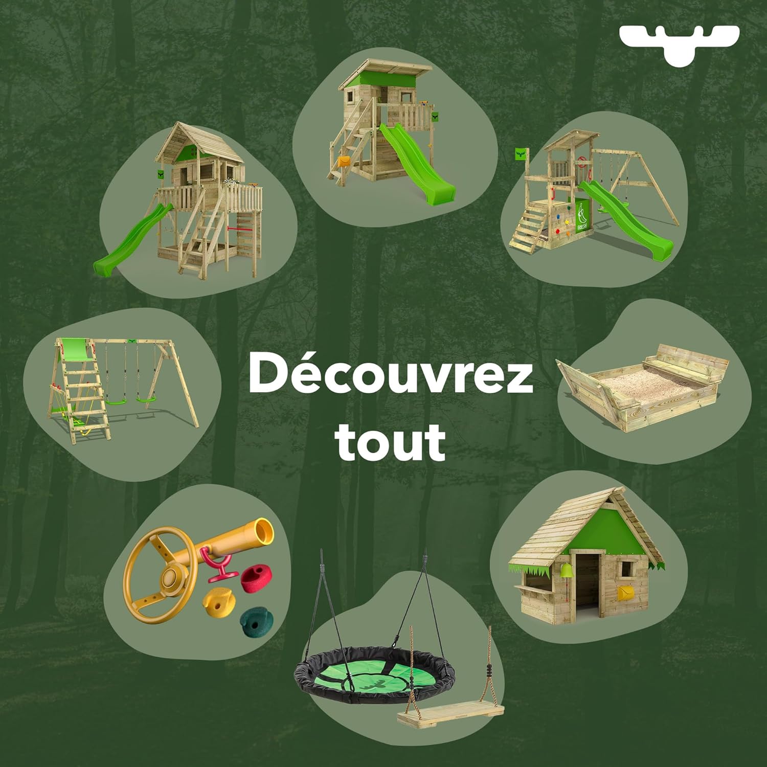 FATMOOSE Portique de Balançoire JollyJack - Double Avec Toboggan Vert Pomme et Annexe à Grimper, en Bois Pour Enfants Dans Le Jardin – Image 8