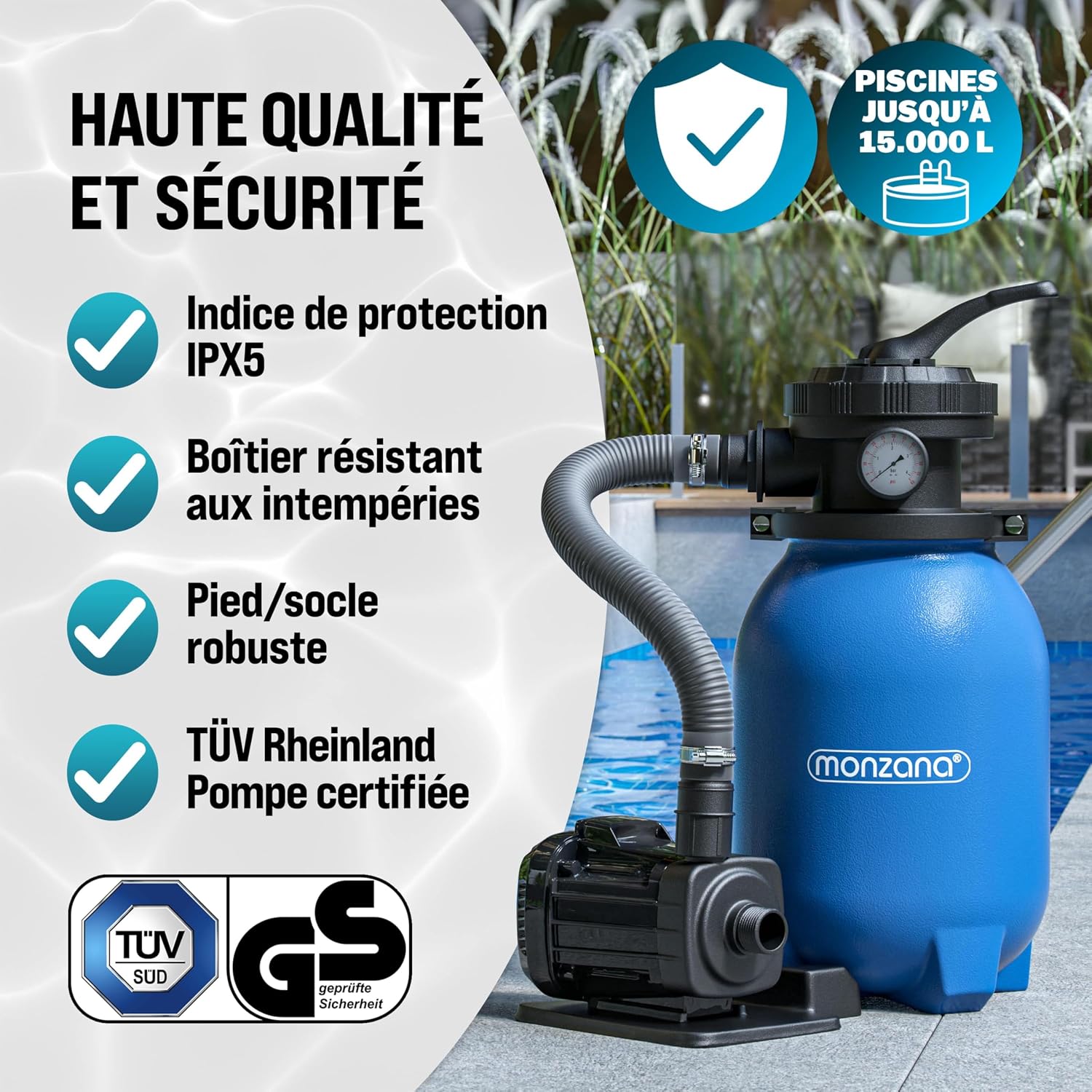 MONZANA® Pompe filtre à sable 5 m³ auto-amorçante pour piscines jusqu'à 15 m³ boules vanne 7 voies raccord 2en1 Ø32-38mm système de filtration à sable – Image 4