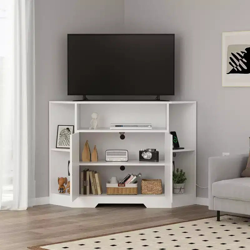 Corner TV Stand for TVs up to 55 Farmhouse Barn Door Media Console with Open Shelves & Storage Cabinet, White – Image 4