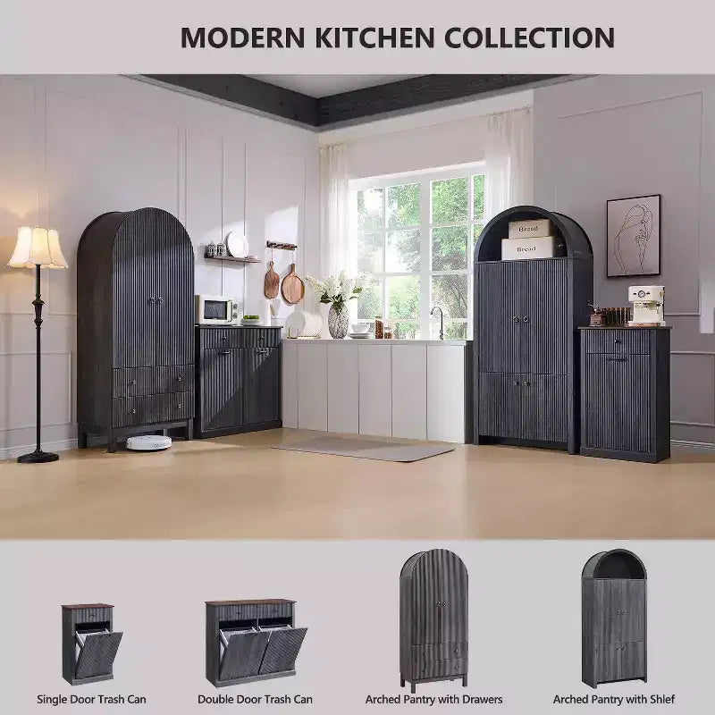 71 Tall Arched Kitchen Pantry, Modern Storage Cabinet with 3 Adjustable Shelves, 6 Door Shelves, for Kitchen, Living Room – Image 13