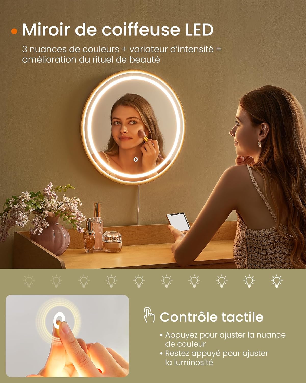 SONGMICS HOME Coiffeuse avec Miroir et Lumière, Table de Maquillage, 3 Tiroirs Imitation Rotin, Lumière Réglable avec 3 Couleurs, Style Bohème, Chambre, Beige Chêne RVT007Y01 – Image 5