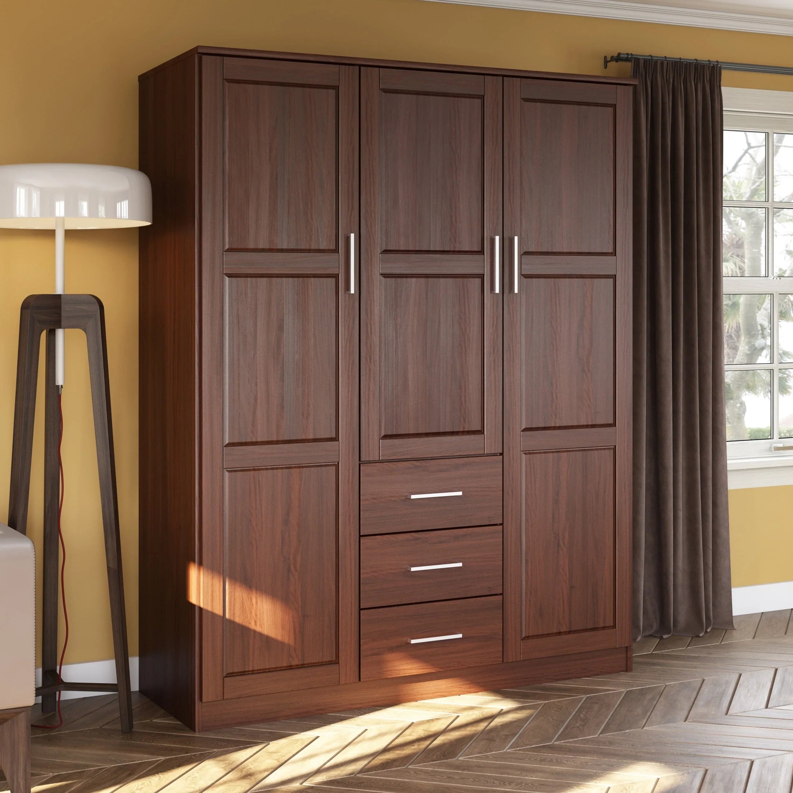 Palace Imports 100% Solid Wood Cosmo 3-Door Wardrobe Armoire with Solid Wood or Mirrored Doors – Image 36