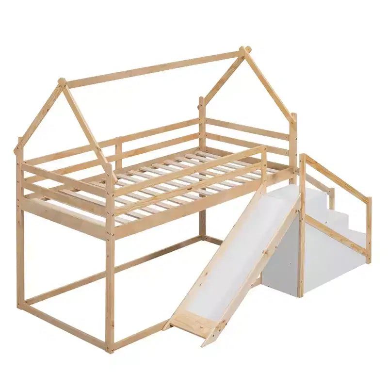 House Bunk Beds with Slide and Storage Stairs, Kids Wood Twin over Twin Bunk Bed with Roof and Stairs for Girls Boys – Image 14