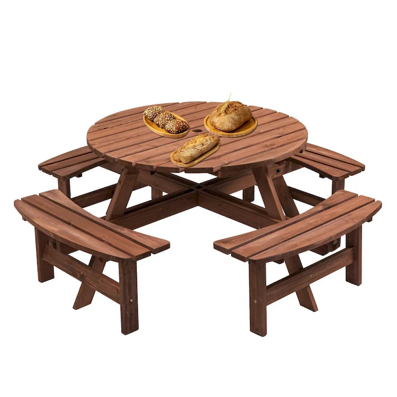 8-Person Outdoor Patio Fir Wood Round Picnic Dining Set with 4 Built-in Benches and Umbrella Hole – Image 12