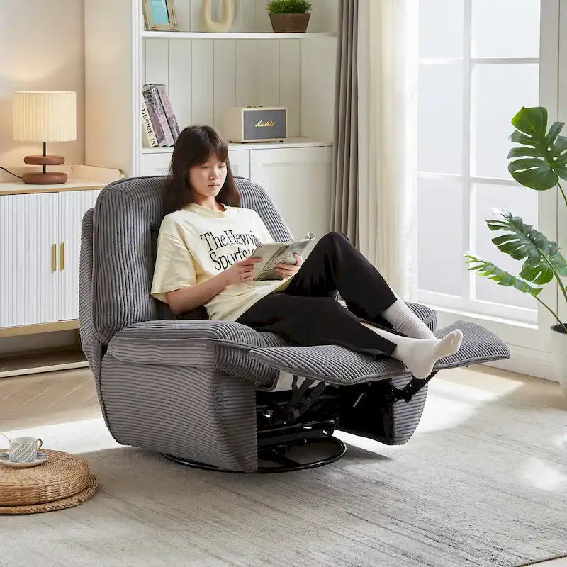 Corduroy Swivel Glider Recliner, Footrest for Living Room – Image 19