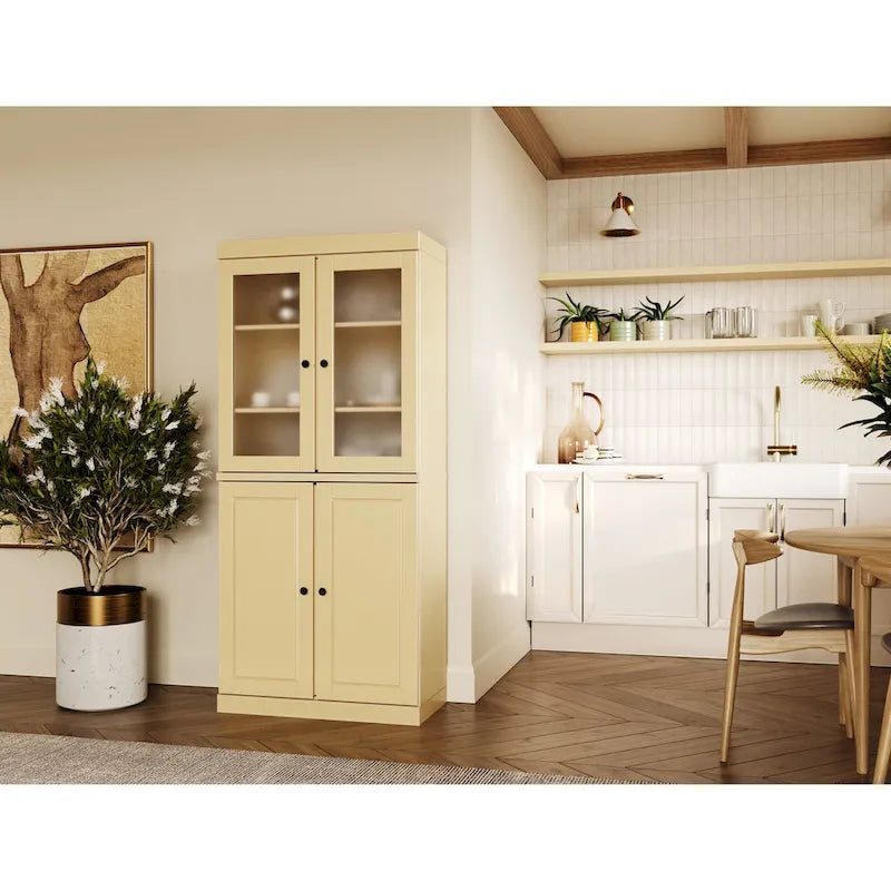 100% Solid Wood Pantry Cabinet with Frosted Glass Doors, Solid Doors, 2-Drawers and Adjustable Shelves – Image 31