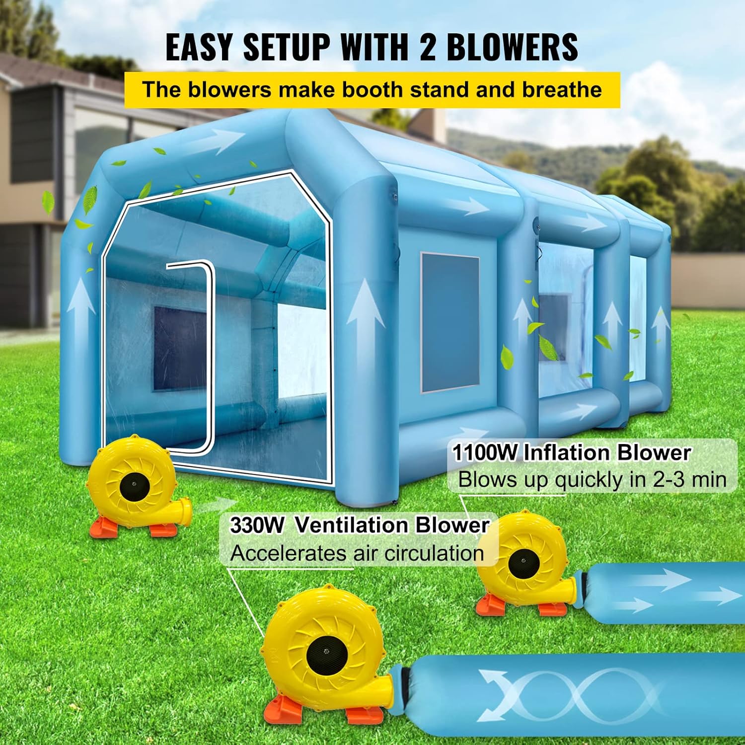 VEVOR Cabine de Peinture Gonflable, 8x4x3 m, Tente Peinture Gonflable Automobile en Tissu Oxford 210 D, avec 2 souffleurs puissants et système de Filtre à air, Station de Travail pour Garage, Atelier – Image 6