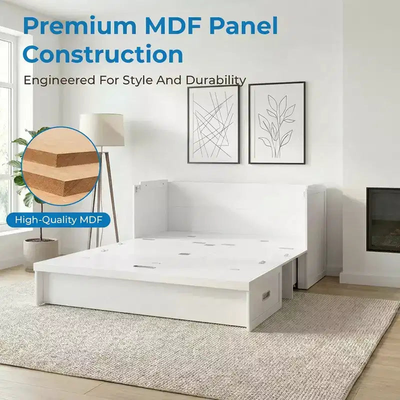 Mjkone Queen Size Convertible Murphy Cabinet Bed with Mattress, USB Charging, Storage Drawers – Image 27