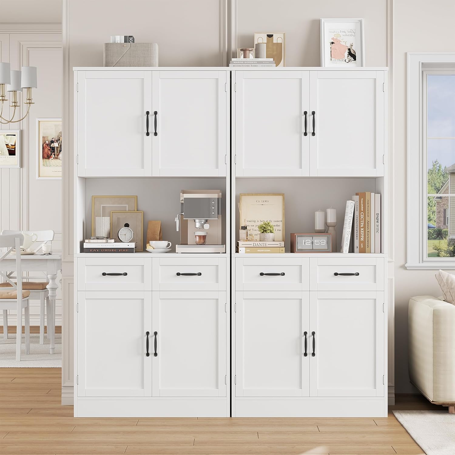 HOCSOK Buffet Haut Cuisine, 180 cm Armoire Cuisine avec 4 Portes et 2 Tiroirs, Meuble de Rangement avec Etagères Réglables, Vaisselier Vitrine, Blanc – Image 3