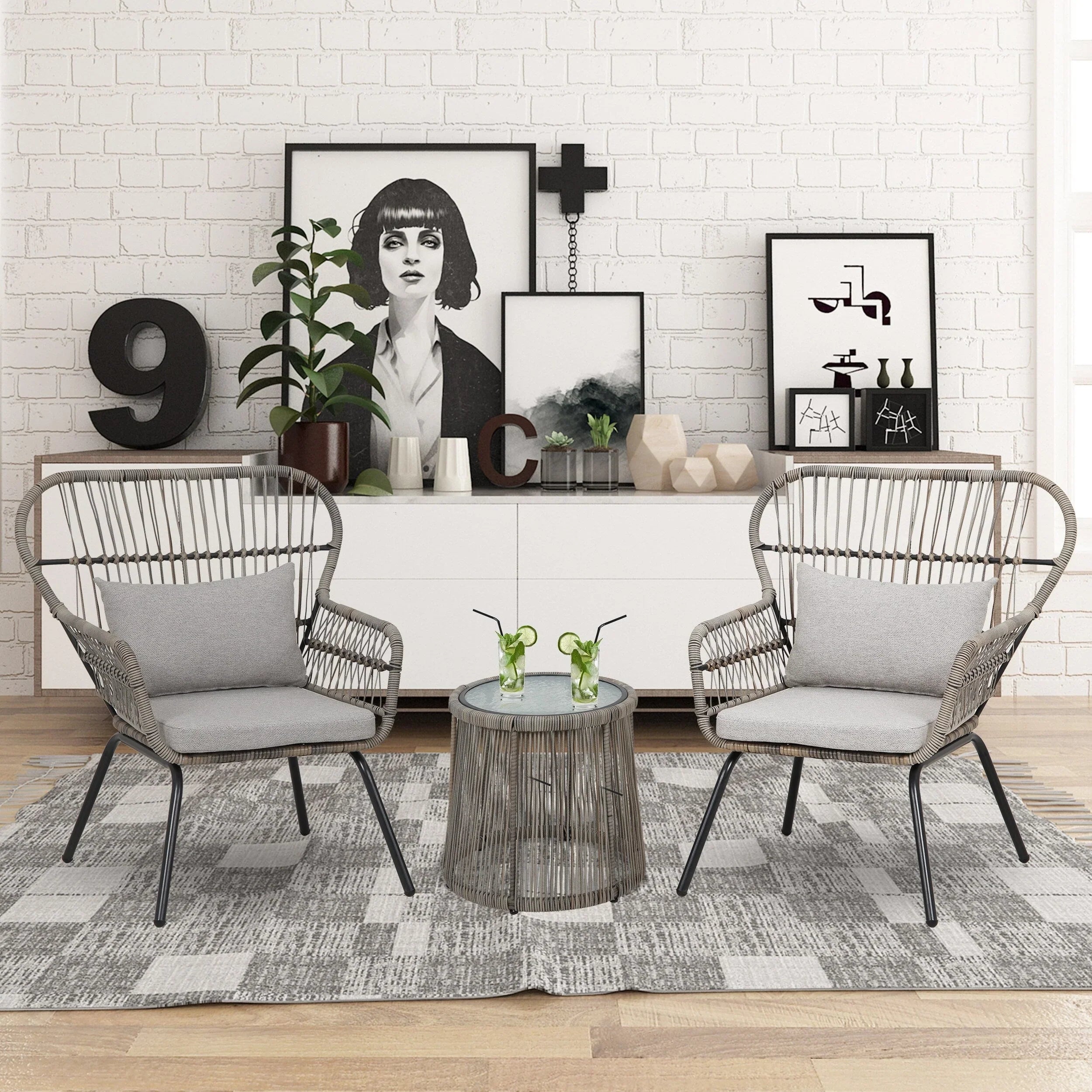 3 Piece Outdoor Wicker Conversation Bistro Set, All-Weather Rattan Furniture Patio Chairs Set with Cushions – Image 14
