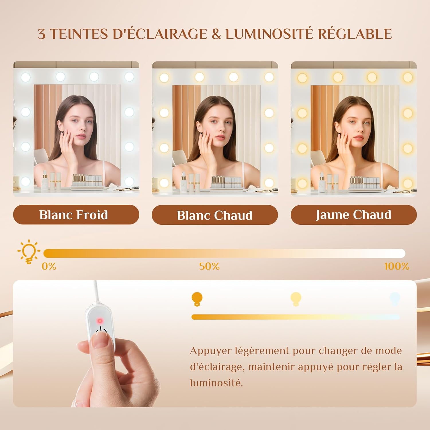 JUMMICO Coiffeuse avec Miroir et Prise, 10 Ampoules LED à 3 Modes de Lumière, Table de Maquillage avec Rangement, 7 Tiroirs, 4 Étagères, Support pour Sèche-Cheveux, Meuble Moderne de Chambre Blanc – Image 5