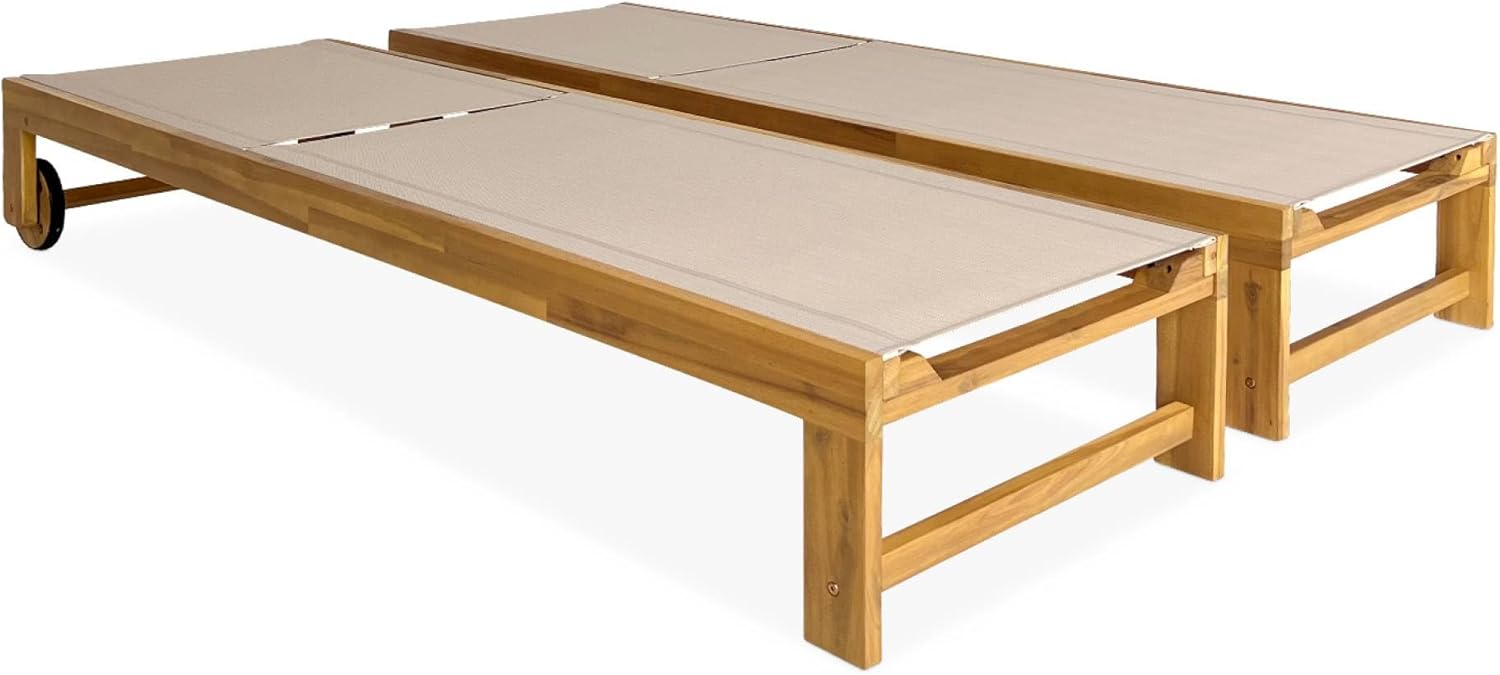 sweeek - Lot de 2 Bains de Soleil en Bois d'acacia et textilène Beige. Multi Positions avec roulettes – Image 7