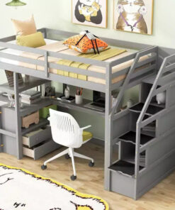 Alternative view of Okak Full/Twin Size Solid Wood Bunk Bed with 2 Built-in Drawers & Storage Staircase Loft Bunk Bed with Desk & Shelves for Kids Teens, Easy Assemble