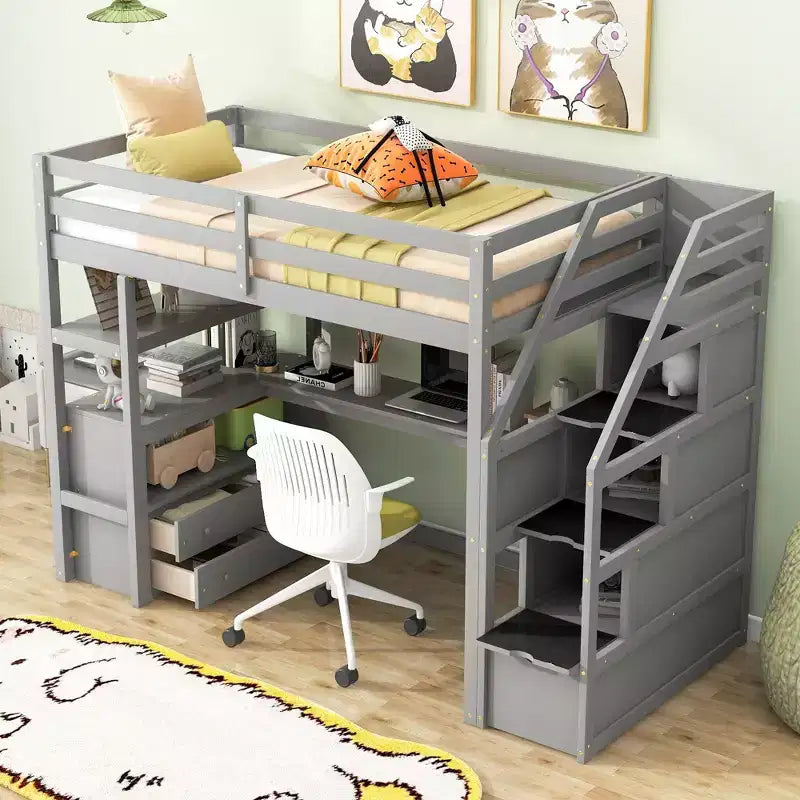 Okak Full/Twin Size Solid Wood Bunk Bed with 2 Built-in Drawers & Storage Staircase Loft Bunk Bed with Desk & Shelves for Kids Teens, Easy Assemble – Image 2