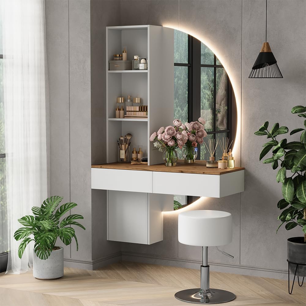 Vicco Coiffeuse Melora, Blanc/chêne, 100cm avec Miroir LED et Tabouret – Image 7