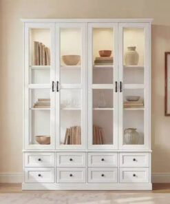 Famapy White Display Cabinet Bookcase: RGB LED Lighting + Drawer Storage + Glass Doors Spacious Organizer for Living Rooms & Home Libraries
