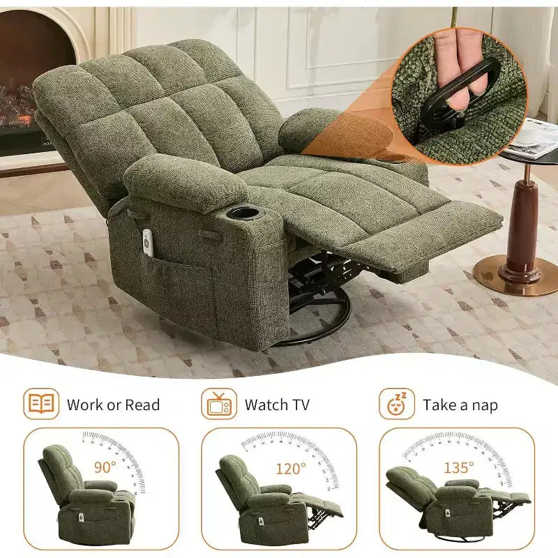 Oversized Recliner Chair for Adults, Manual Swivel Rocker Sofa, Side Pockets & Cup Holders for Big and Tall Persons, Living Room – Image 14