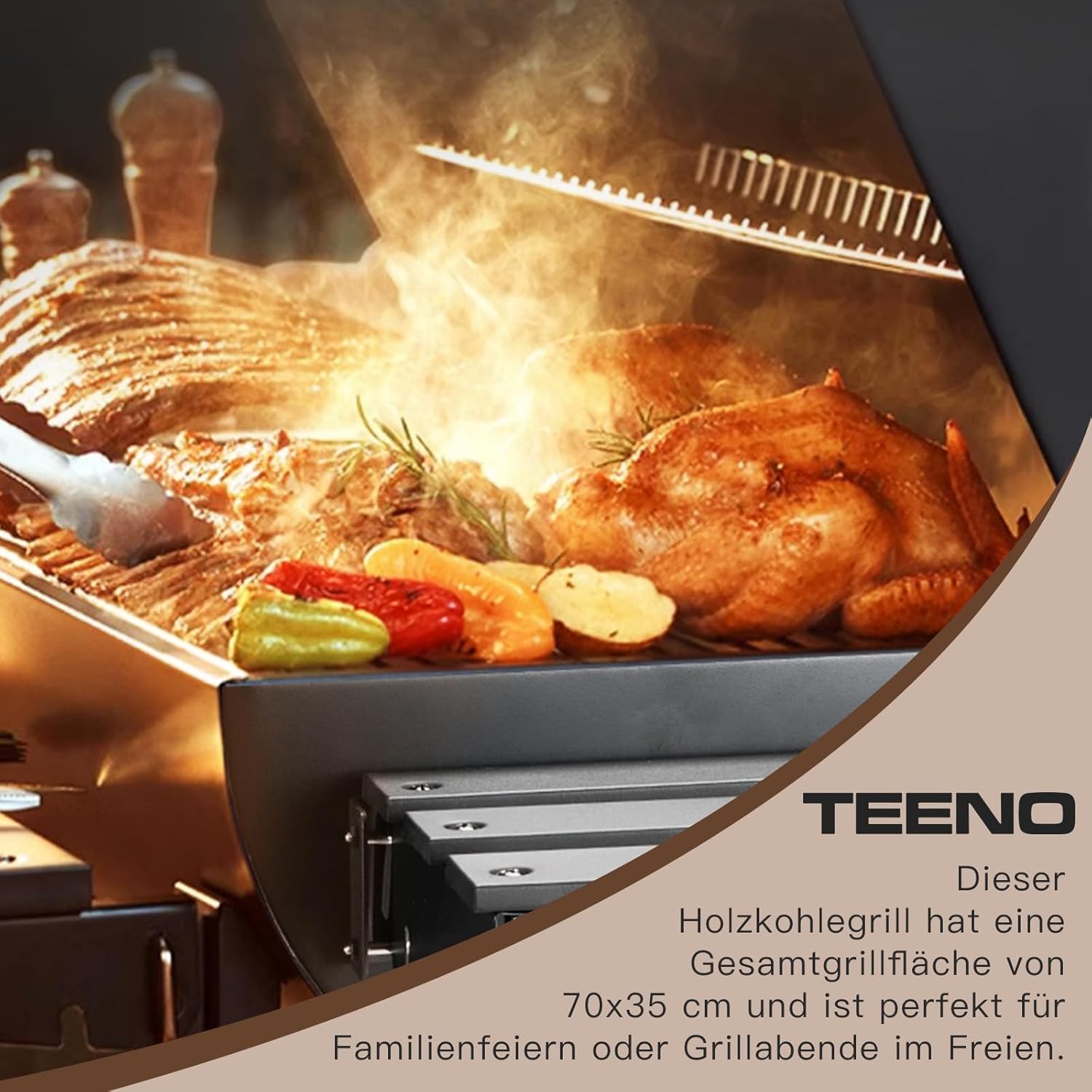 TEENO Barbecue Charbon de Bois,avec Grille de Cuisson XXL,Gants Anti-BrûLures, ThermomèTre,Tiroir à Cendres, éVent RéGlable,Grand Barbecue au Charbon de Bois (Basic) – Image 3
