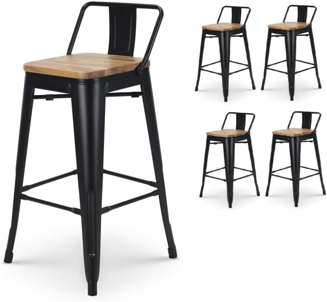 Kosmi Lot de 4 tabourets de Bar en métal Noir Mat Style Industriel avec Dossier et Assise en Bois Clair - Hauteur 66cm