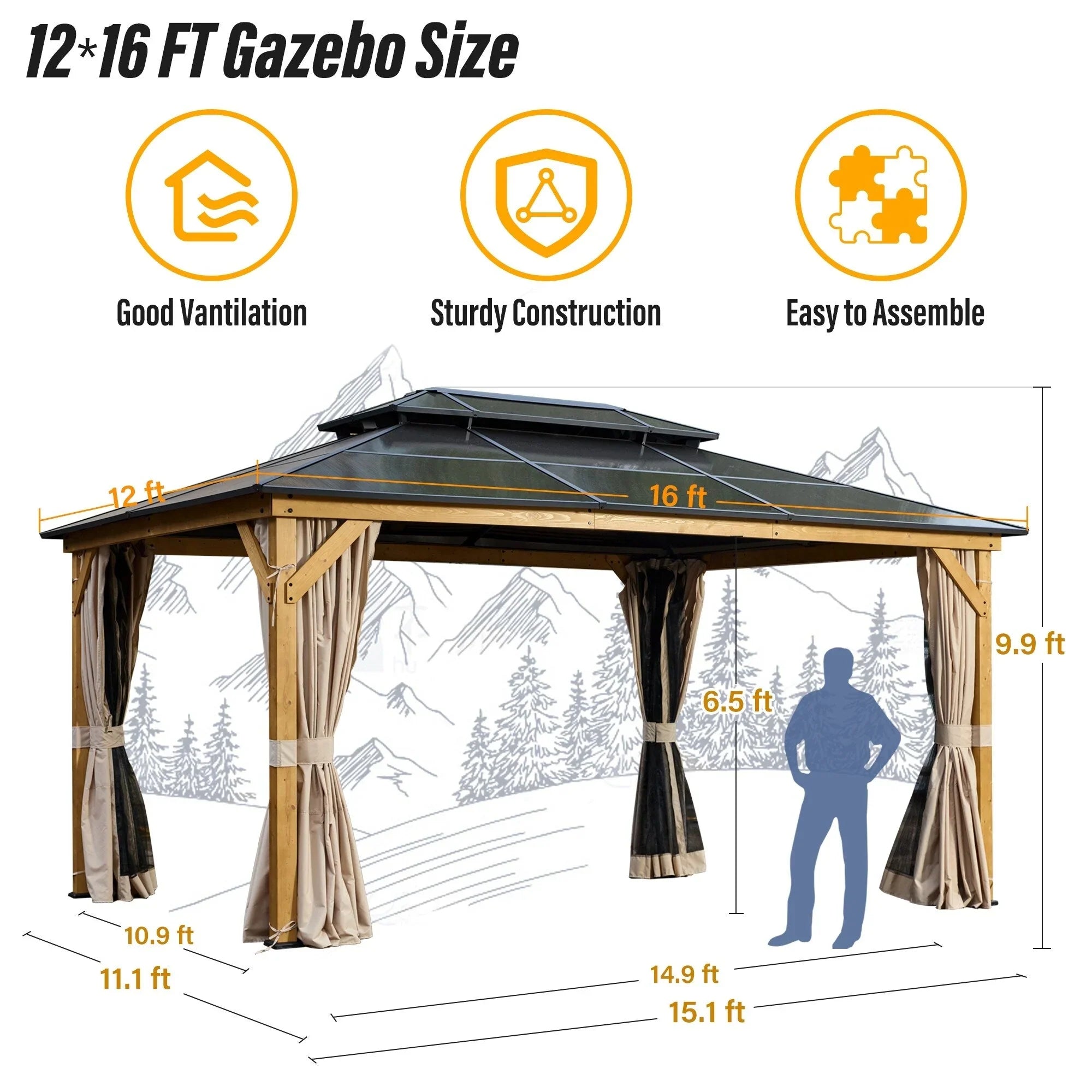EROMMY Hardtop Gazebo,Outdoor Pergola with Double Roof & Netting & Curtains,Heavy Duty Canopy for Patio, Backyard, Pool party – Image 102
