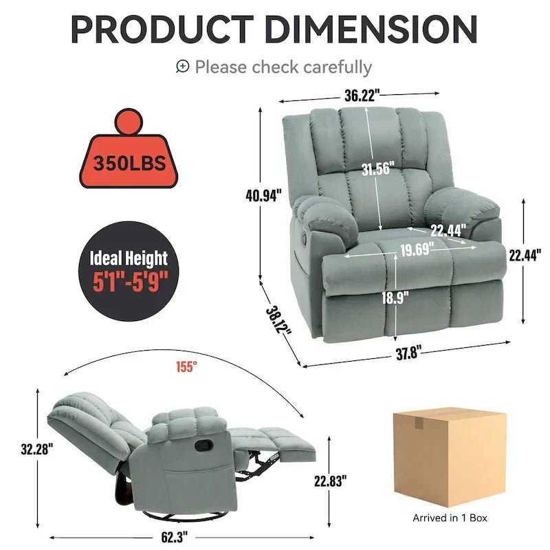 Lazy Boy Swivel Rocker Fabric Recliner Chair, Overstuffed Large Manual Recliner Glider with Pillow Top Arms and Cushion Back – Image 5
