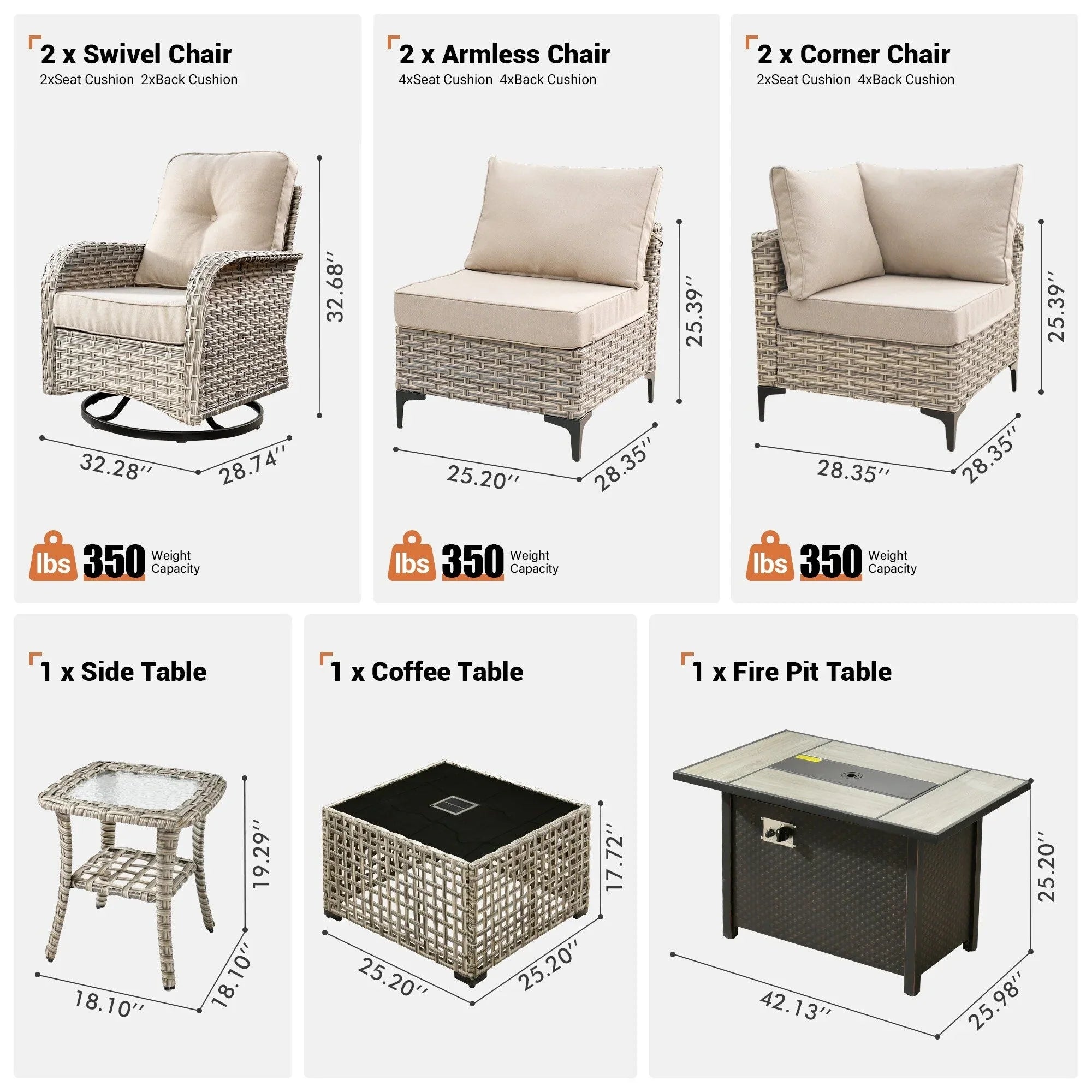 OVIOS 9 Pieces Outdoor Wicker Swivel Chair Set With Fire Table – Image 2