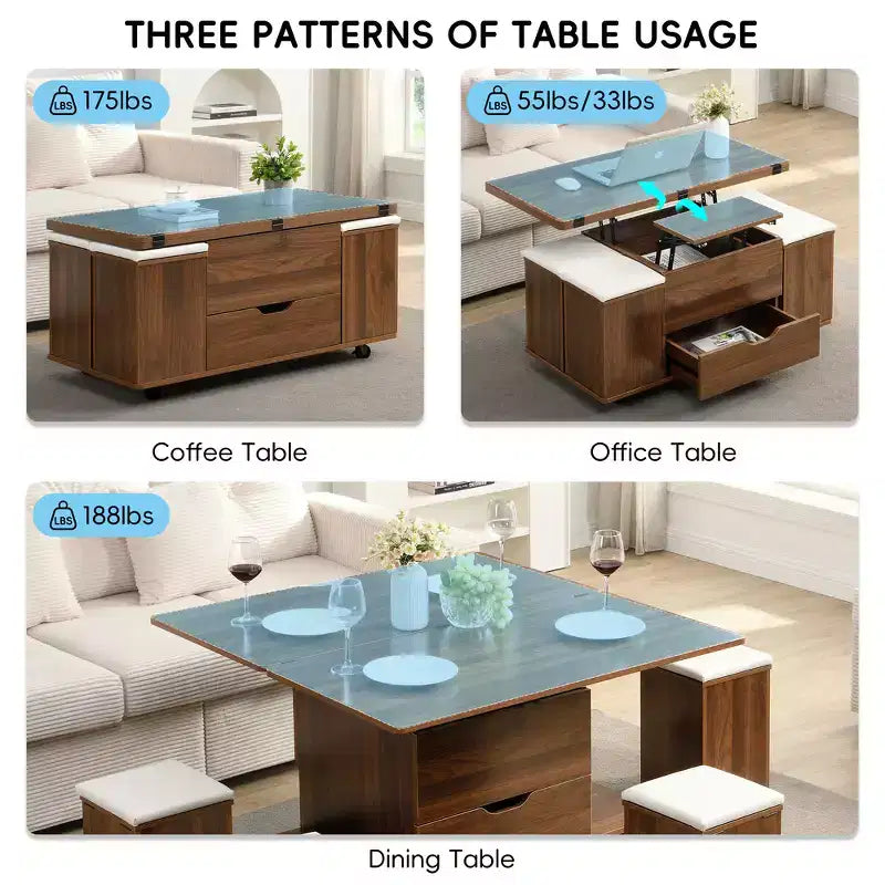 Zeus & Ruta Multi-Function Modern Lift-Top Coffee Table with Hidden Storage, 4 Stools and Casters, Perfect for Modern Living Spaces – Image 41
