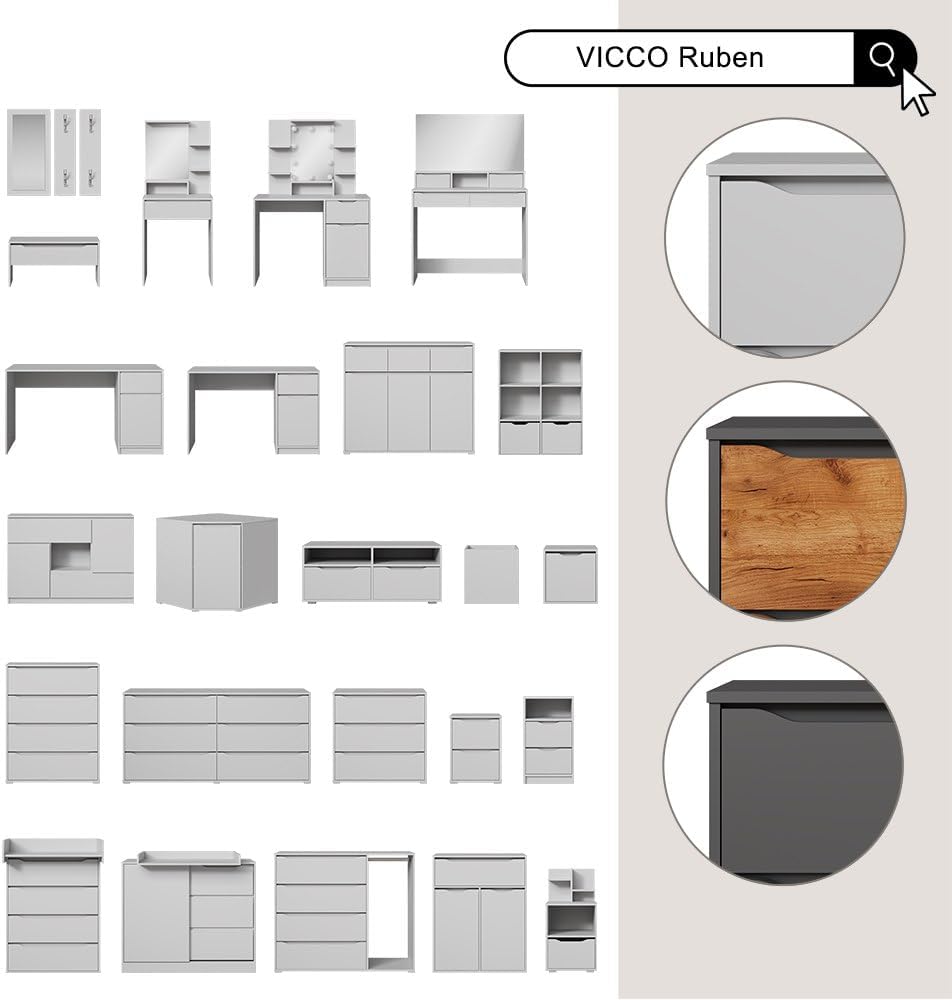 Vicco Coiffeuse Ruben, Blanc, 60 cm avec éclairage LED et Tabouret – Image 9