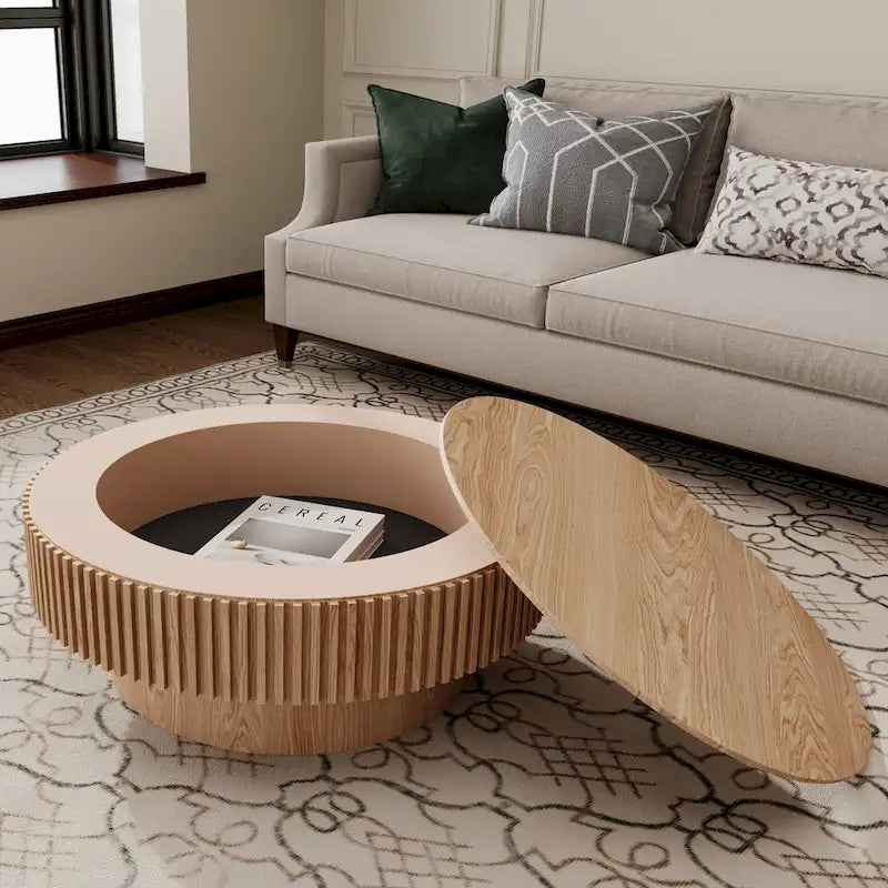 Modern Solid Wood Veneered Round Coffee Tea Table with Storage – Image 11
