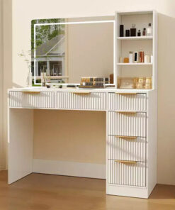 Large Fluted Vanity Desk w/ Lighted Mirror, Modern Makeup Vanity Table w/ 6 Storage Drawers & Hair Dryer Holder for Women Bedroom Dressing