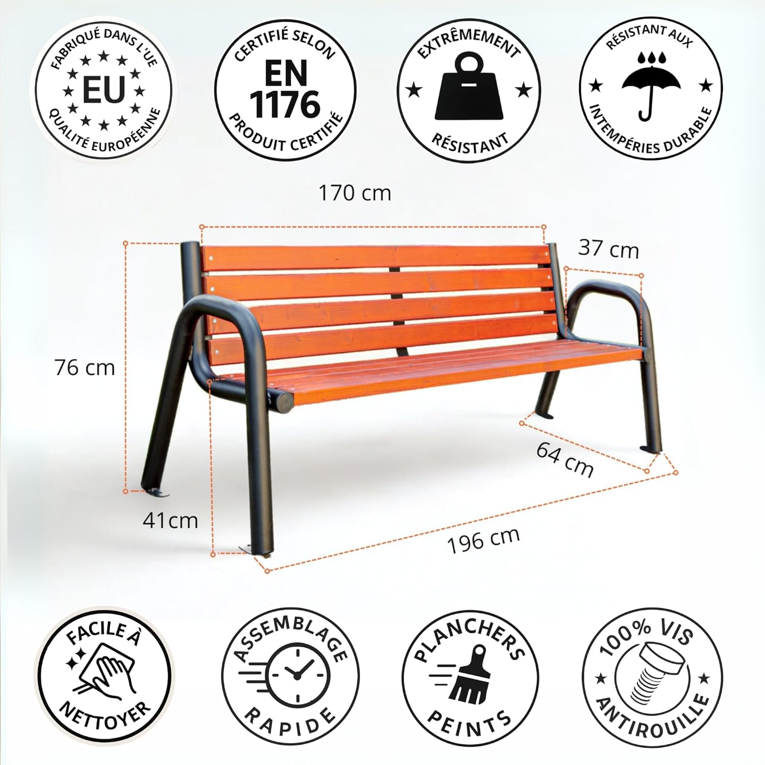 REKORD Banc de Jardin 196 x 64 x 76 cm Banc d'extérieur Robuste en métal et Bois avec Dossier résistant aux intempéries pour Parc terrasse et Avant-Cour - Spartan BIS- Acajou – Image 2