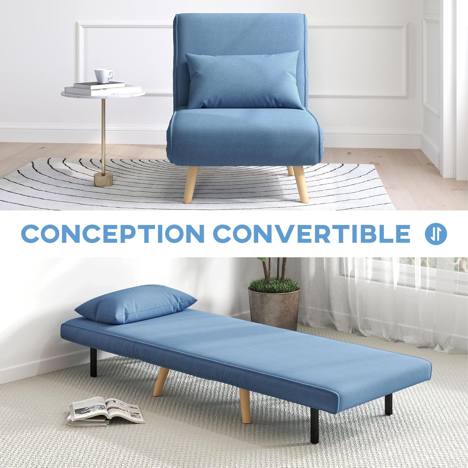 HOMCOM 3 en 1 Fauteuil Convertible 1 Place, Fauteuil lit et chauffeuse - Dossier inclinable 5 Niveaux et Oreiller Inclus, siège rembourré - pour Bureau, Salon, Chambre à Coucher, Bleu – Image 4