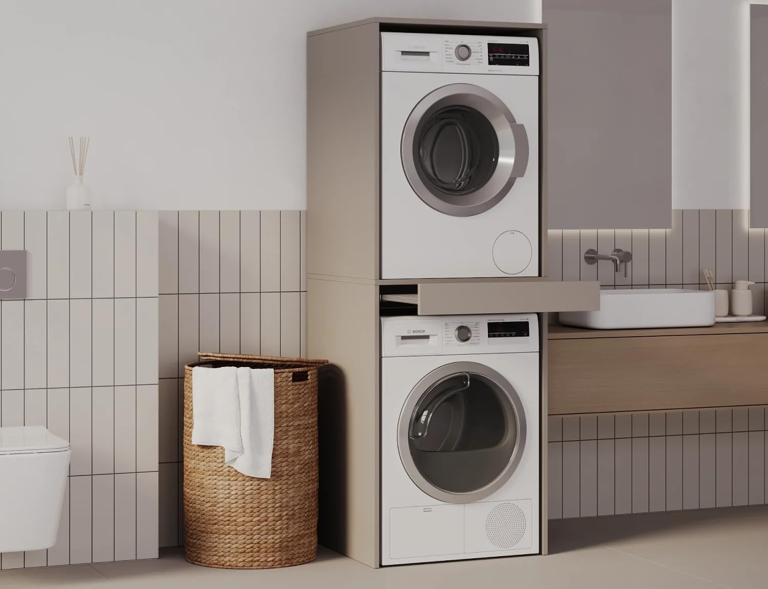 PLATAN ROOM Armoire superposée pour machine à laver et sèche-linge - 187 x 65 x 66 cm - Gris Argile – Image 2