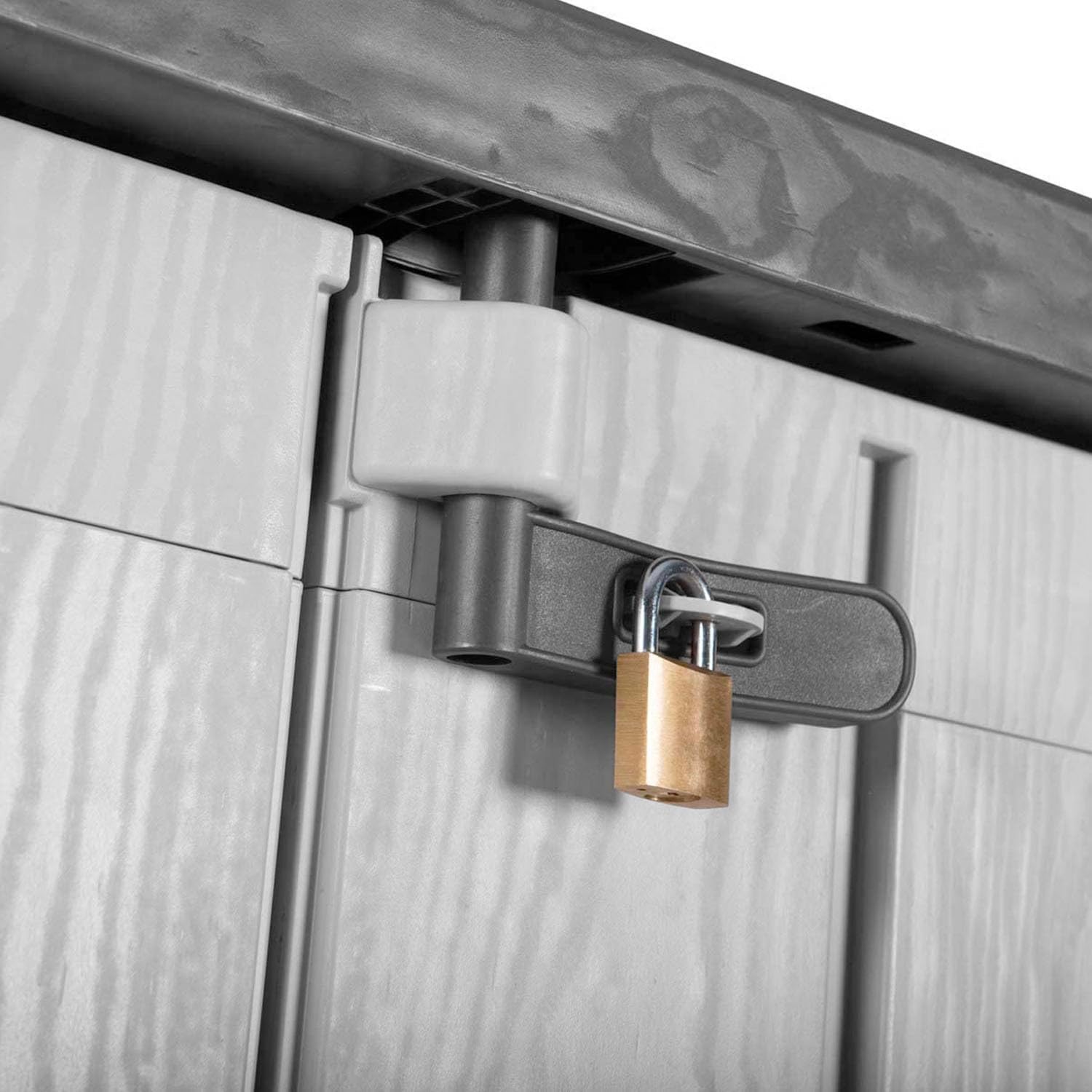 Avilia Caisse multifonction d'extérieur à 2 portes – Coffre de rangement et outils effet bois, résistant aux intempéries, 842L, 74,5 x 129,5 x 111 cm, en polyuréthane, anthracite – Image 5