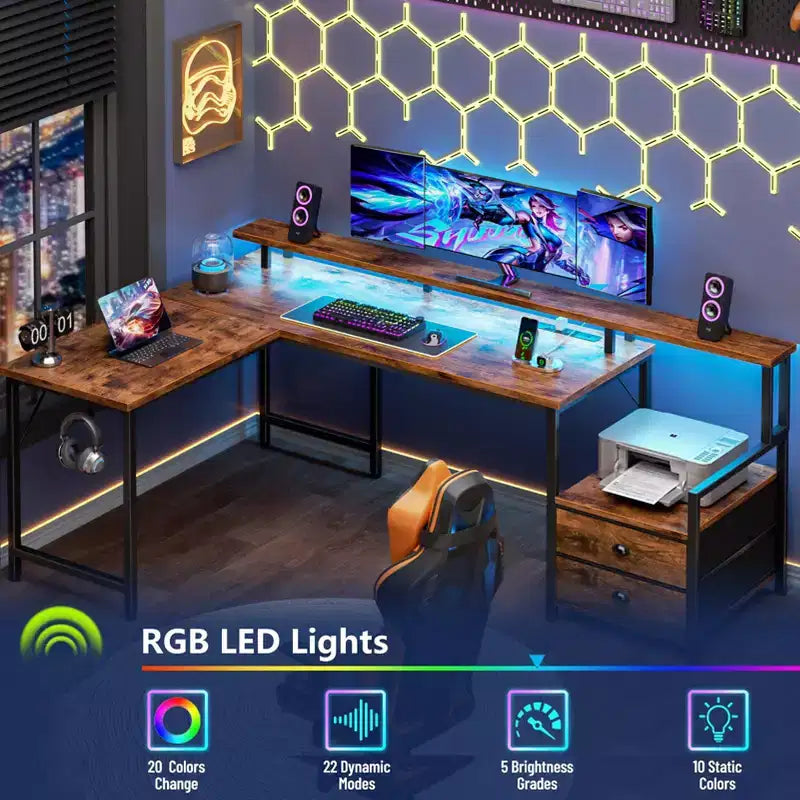 66 L-Shaped Gaming Desk with RGB LED, Charging Station, 2 Drawers & Monitor Stand – Brown – Image 2