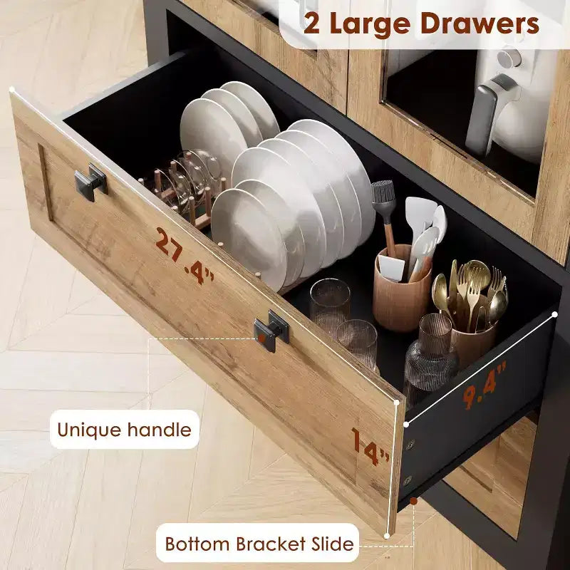 Farmhouse Kitchen Pantry Cabinet with Glass Doors, 72in Storage Cupboard with Drawers and Adjustable Shelves for Dining Room Bathroom Living Room – Image 6