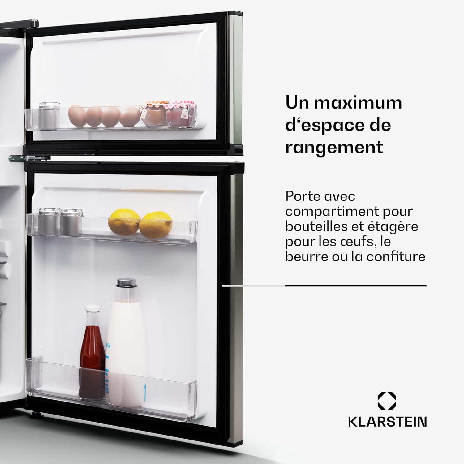 KLARSTEIN Big Daddy Cool - Frigo réfrigérateur, réfrigérateur combiné, Compartiment bouteilles, Bac légumes, Eclairage intérieur, Look moderne, Nettoyage facile, Pieds réglables, 86 L - Argent – Image 5