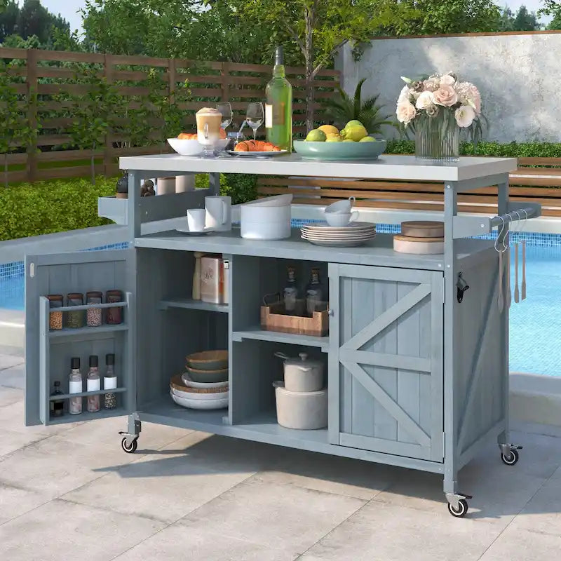 Outdoor Kitchen Island, Rolling Bar Cart & Storage Cabinet,Solid Wood Grill Table with Stainless Steel Top,Spice Rack,Towel Rack – Image 3
