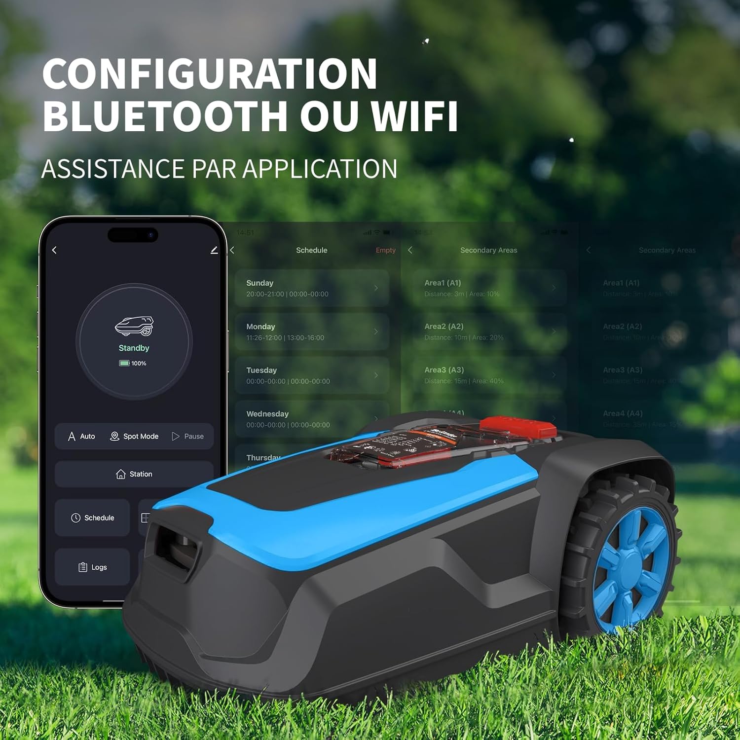 LEADZM Robot Tondeuse sans Fil Automatique 1200m² - Recharge Auto, Contrôle App Bluetooth/Wi-FI, Hauteur de Coupe 25-65 mm, Largeur de Coupe de 220 mm, Pente 47%, Étanche IPX5 – Image 4