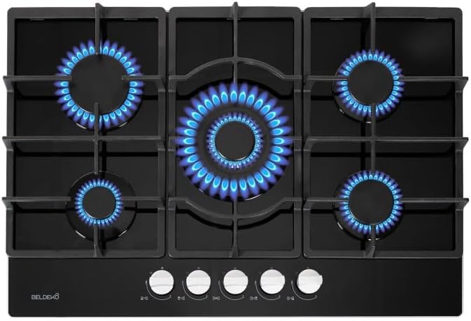 Plaque gaz 5 feux en verre noir - Brûleurs et grilles en fonte - 10 800 Watts encastrement 56x49 cm