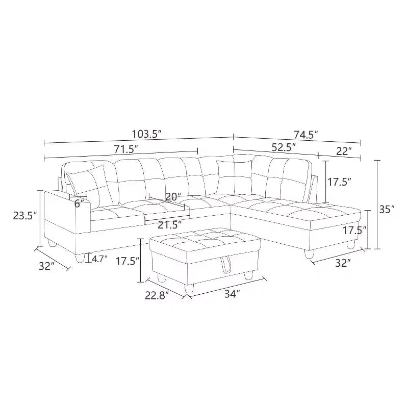 L-Shaped Living Room Sofa with Double Spring Layer, Soft and Breathable 3-Piece Short Plush Sofa Set – Image 16