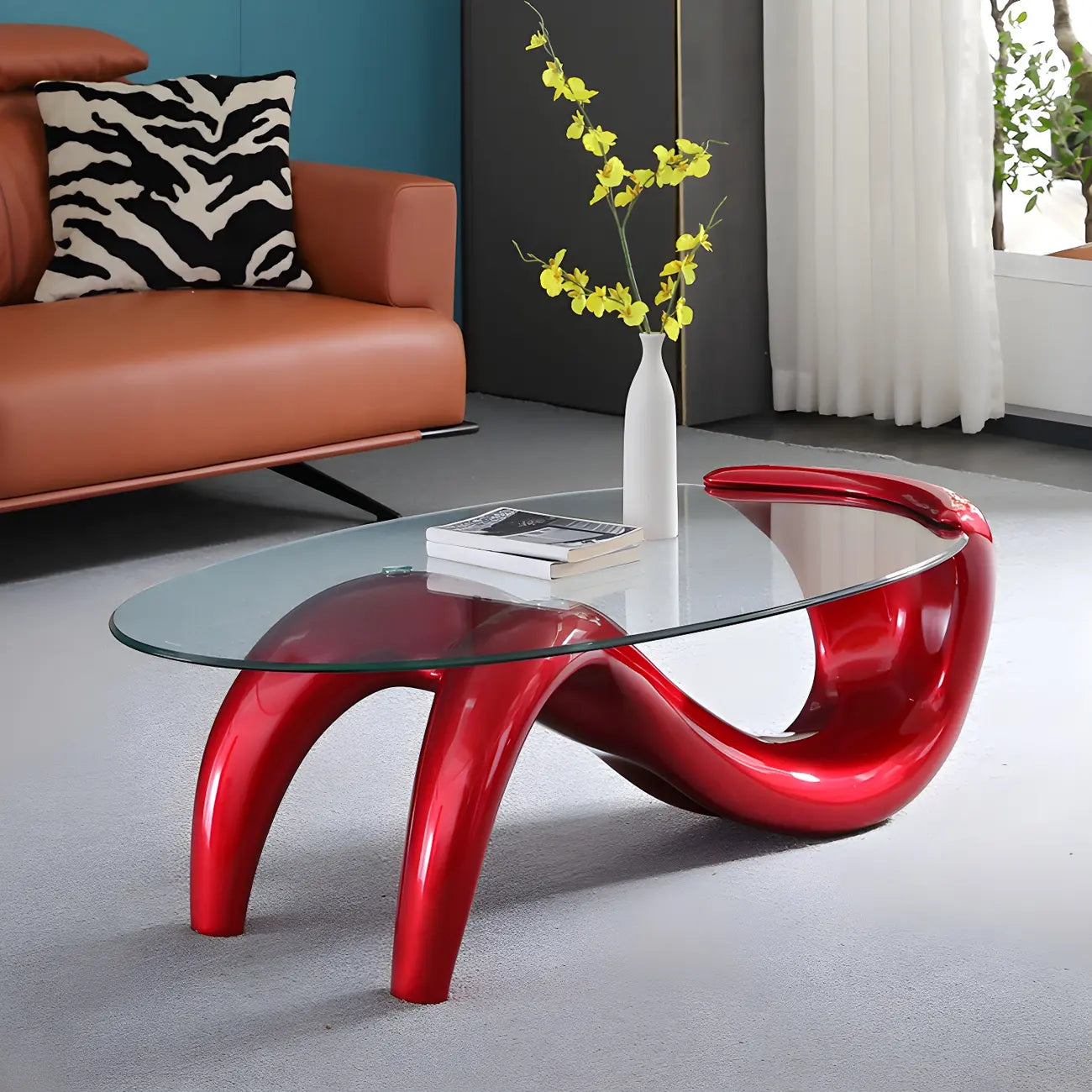 Abstract Modern Oval Glass Top Metal Base Coffee Table – Image 21