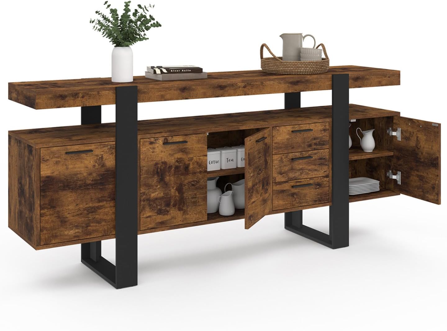 IDMarket - Buffet 180 cm Phoenix XXL 4 Portes avec 3 tiroirs Bois Effet Vieilli et Noir – Image 5