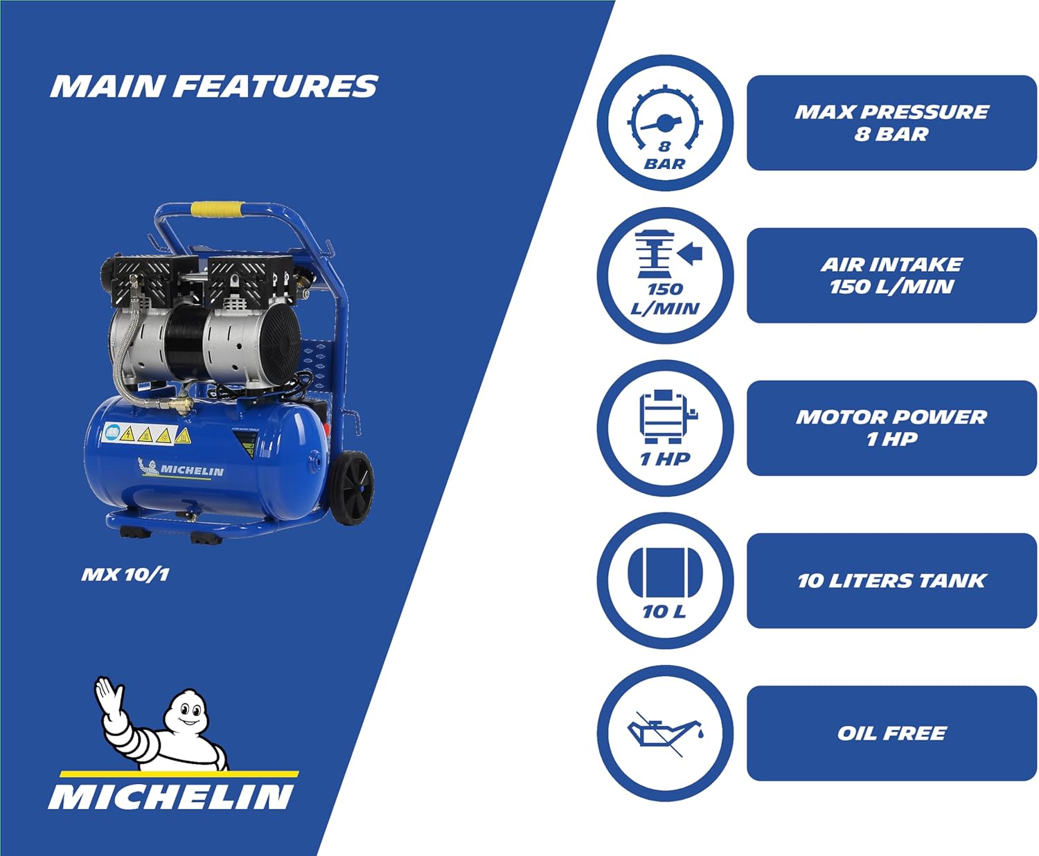 MICHELIN Compresseur d'Air Mobile Silencieux MX 10/1, Compresseur d'Air Sans Huile, Pression Maximale 8 Bar, Puissance 1 CV, Réservoir 10 litres, Niveau Sonore 58 dB LpA – Image 2
