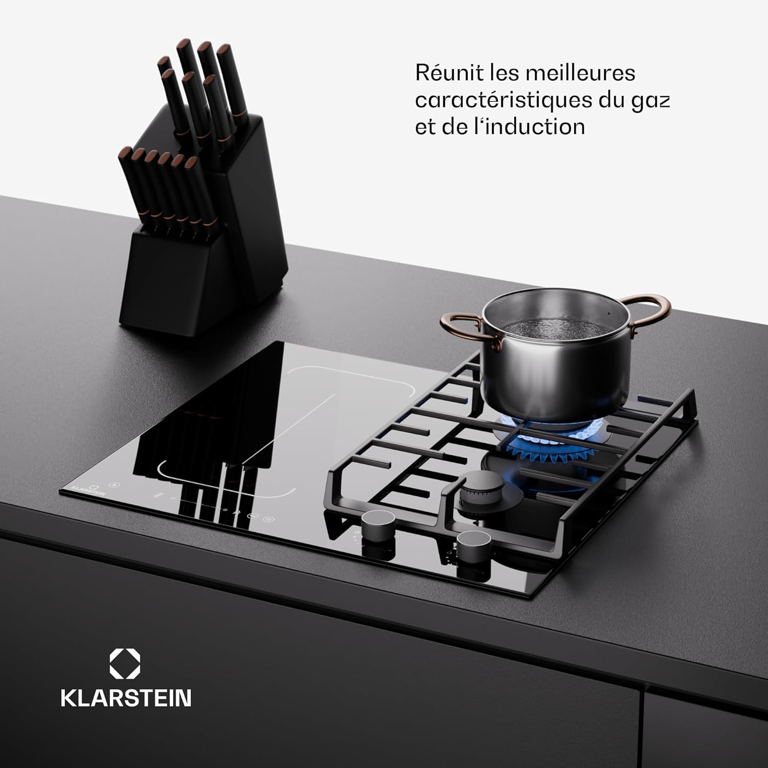 Klarstein MultiChef 4 Plaque Induction Et Gaz - 4 Zones, 2 Gaz et 2 Induction, Flexzone, 7Kw, StopetGo, Minuterie, Supports En Fonte Noir, 58,5Cm – Image 5