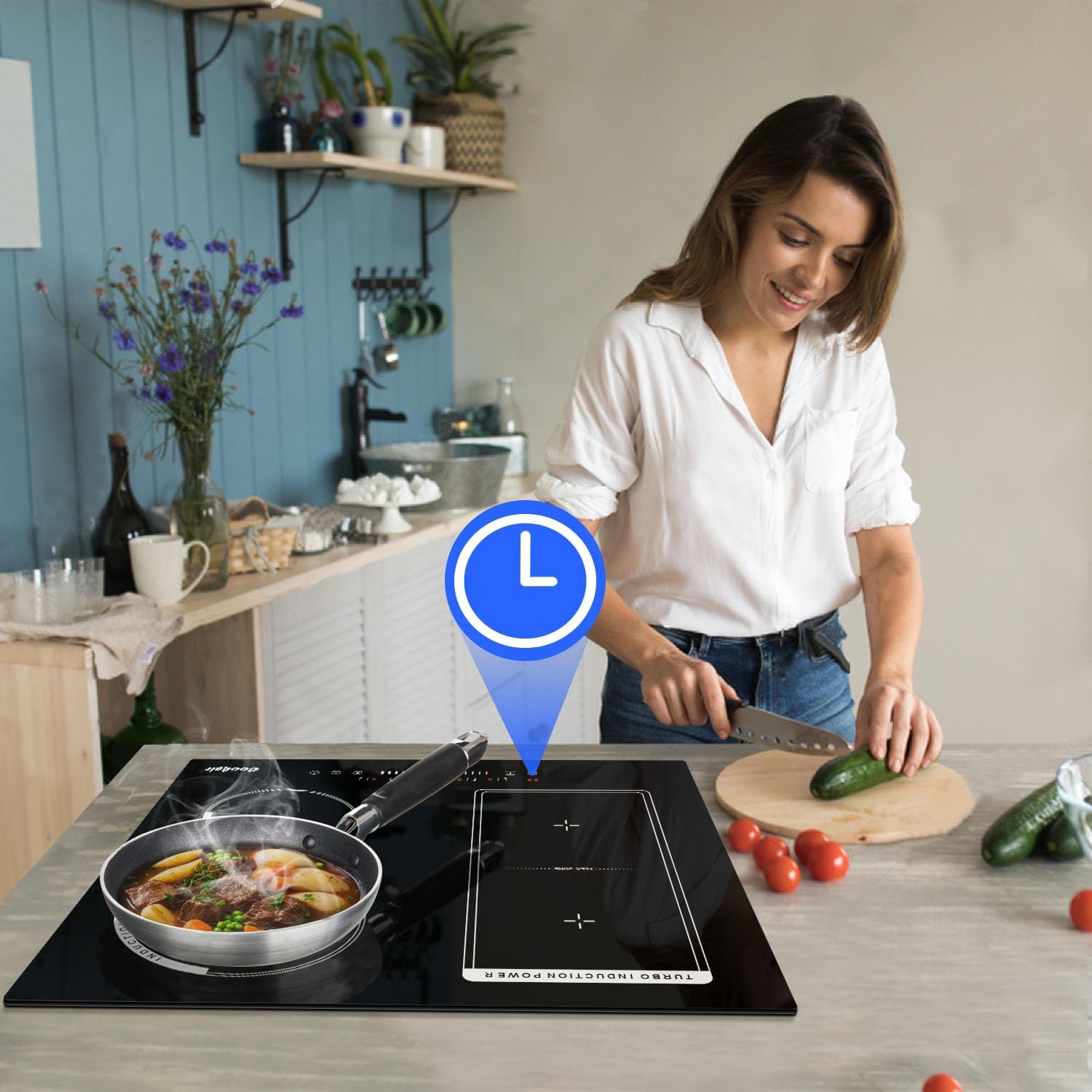 Plaque Induction 4 Feux avec Prise, Table de Cuisson Induction Encastrable 60cm, Plaque Electrique 4 Feux 3500W, Zone Combinée pour le Gril, Commande Tactile à Curseur, 220V – Image 7